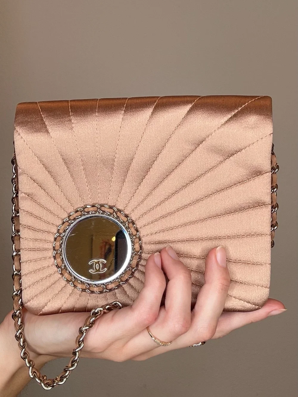 CHANEL Rose Gold Quilted Satin Chain Shoulder Bag